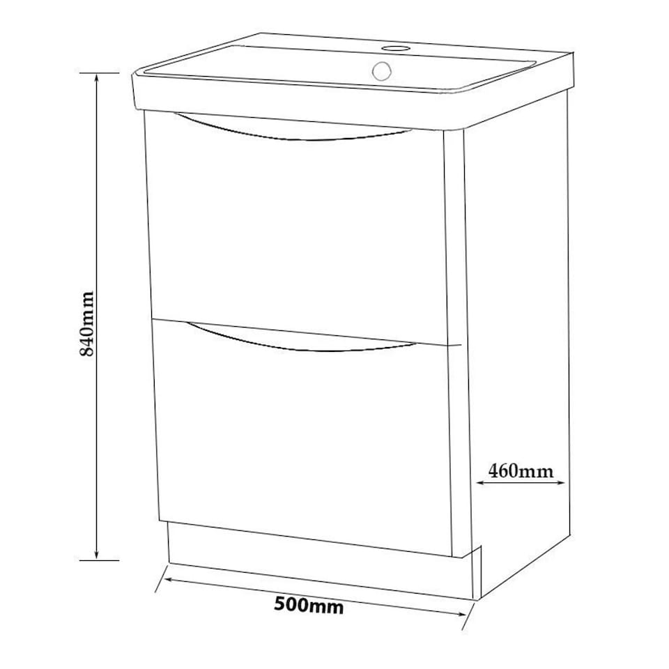 image 1 of Bathroom Floor Standing 2-Drawer Vanity Unit with Basin 500mm Wide - Gloss White - (Arch) - Brassware Not Included | White | White | 1