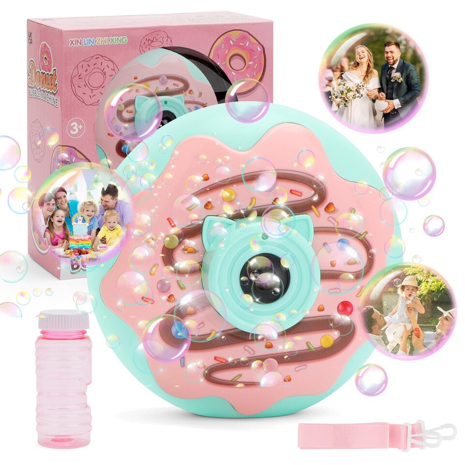 image 1 of Donut Bubble Camera for Kids - Automatic Bubble Gun with Lights and Music - Fun Outdoor Bubble Machine for Birthdays and Parties (Green&Pink)
