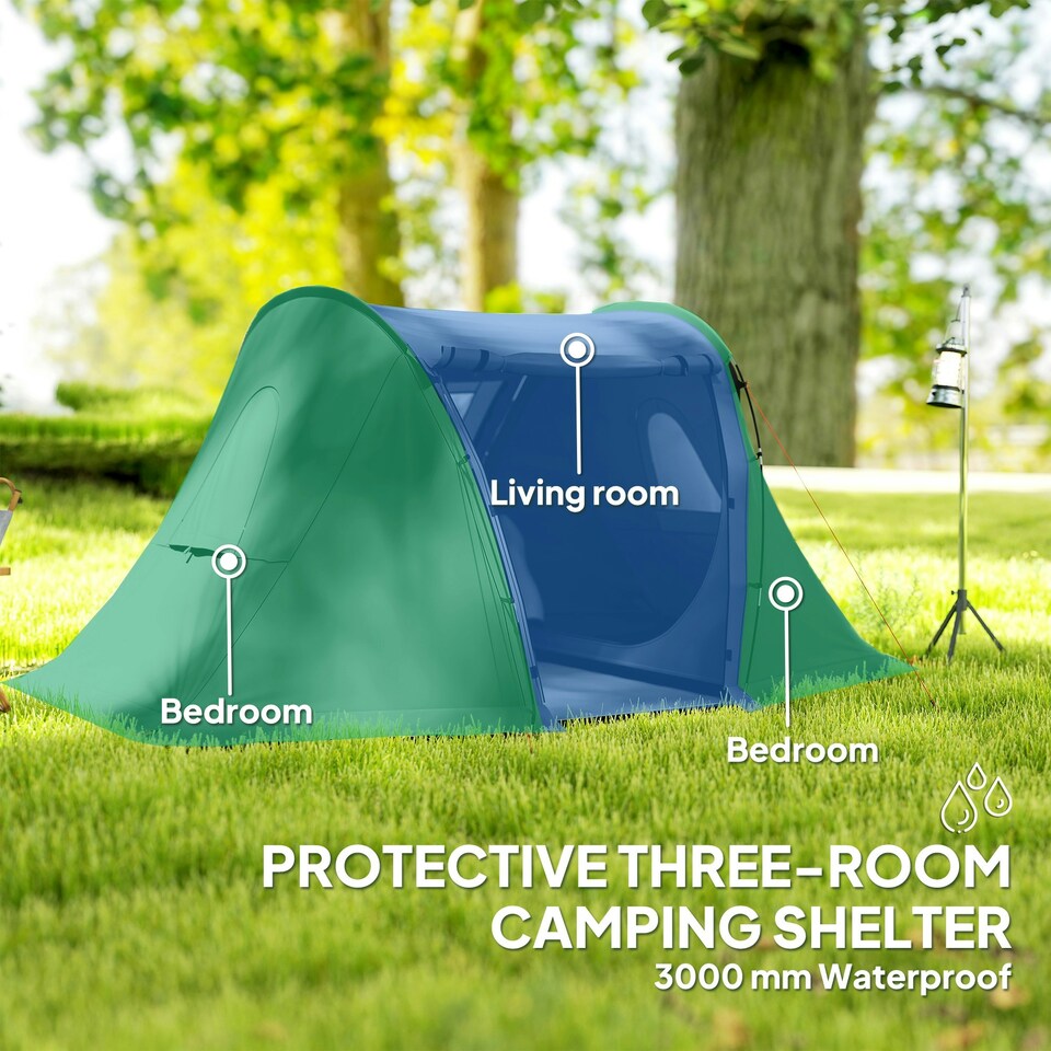 image 1 of Outsunny 3 Man Camping Tent with 2 Bedrooms, 3000mm Waterproof, Grey Green | Green