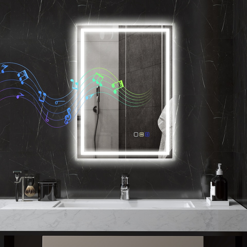 image 1 of HOMCOM 500 x 700 mm Bluetooth LED Bathroom Mirror, Illuminated Backlit Vanity Mirror with 3 Colours Dimmable, Anti-Fog, Memory Function, Touch Sensor, IP44 | Silver