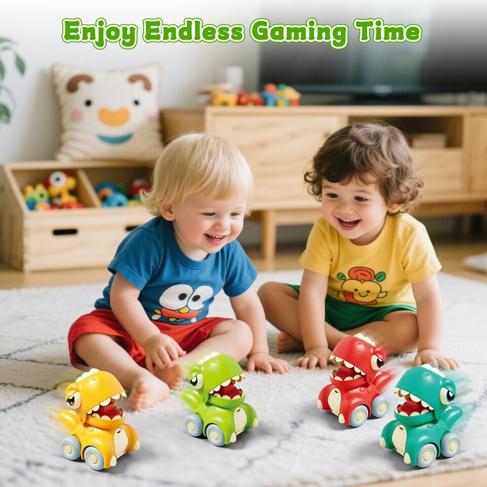 image 1 of Push and Go Dinosaur Car Toy Set 4PCS Mini Dino Vehicles for Toddlers Pull Back Cars