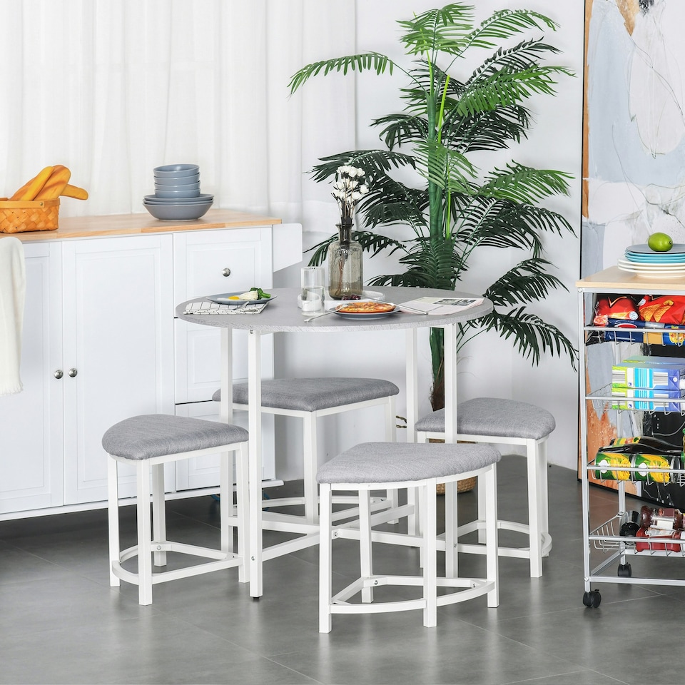 image 1 of HOMCOM Modern Round Dining Table Set with 4 Upholstered Stools, Dining