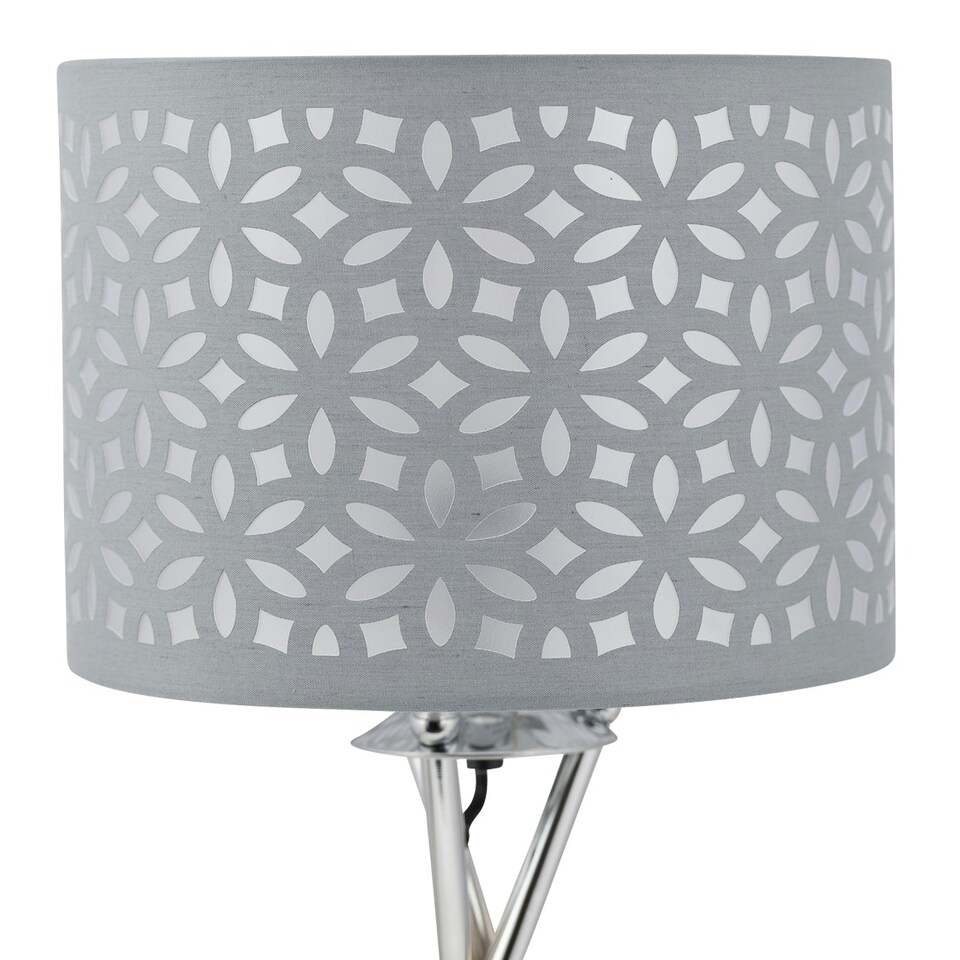 image 1 of First Choice Lighting Chrome Tripod Table Lamp with Grey Laser Cut Shade Chrome | Grey