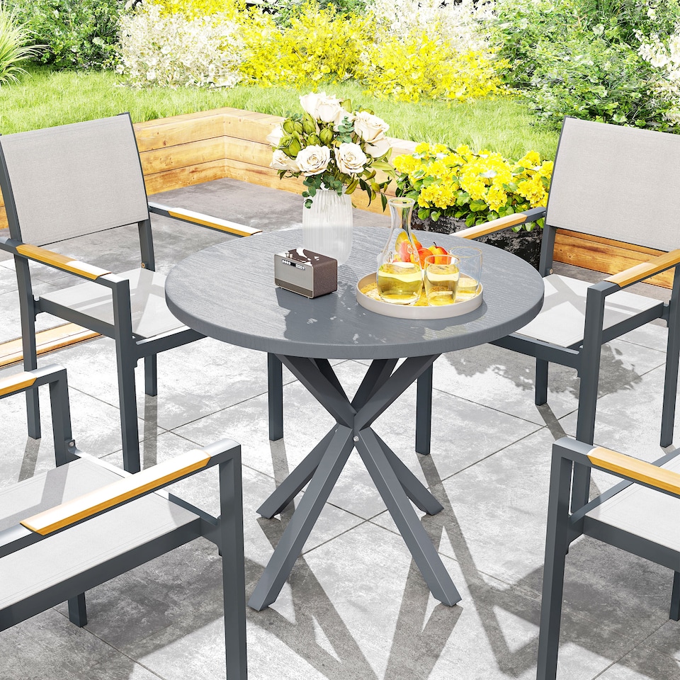 image 1 of Outsunny Garden Table, 85cm Round Outdoor Dining Table with Steel Frame, Wood Effect Top, for Balcony, Deck, Dark Grey | Grey