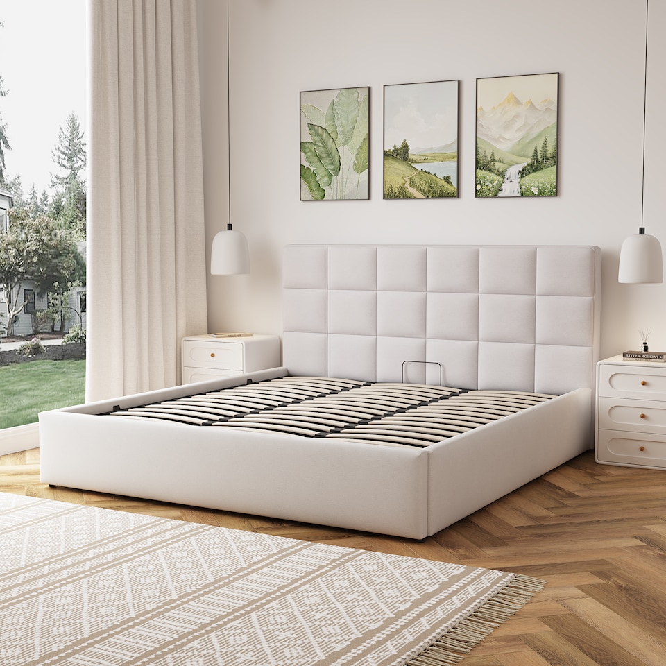 image 1 of Richwood Fabric 180cm Superking Ottoman Bed Frame with Storage - Beige