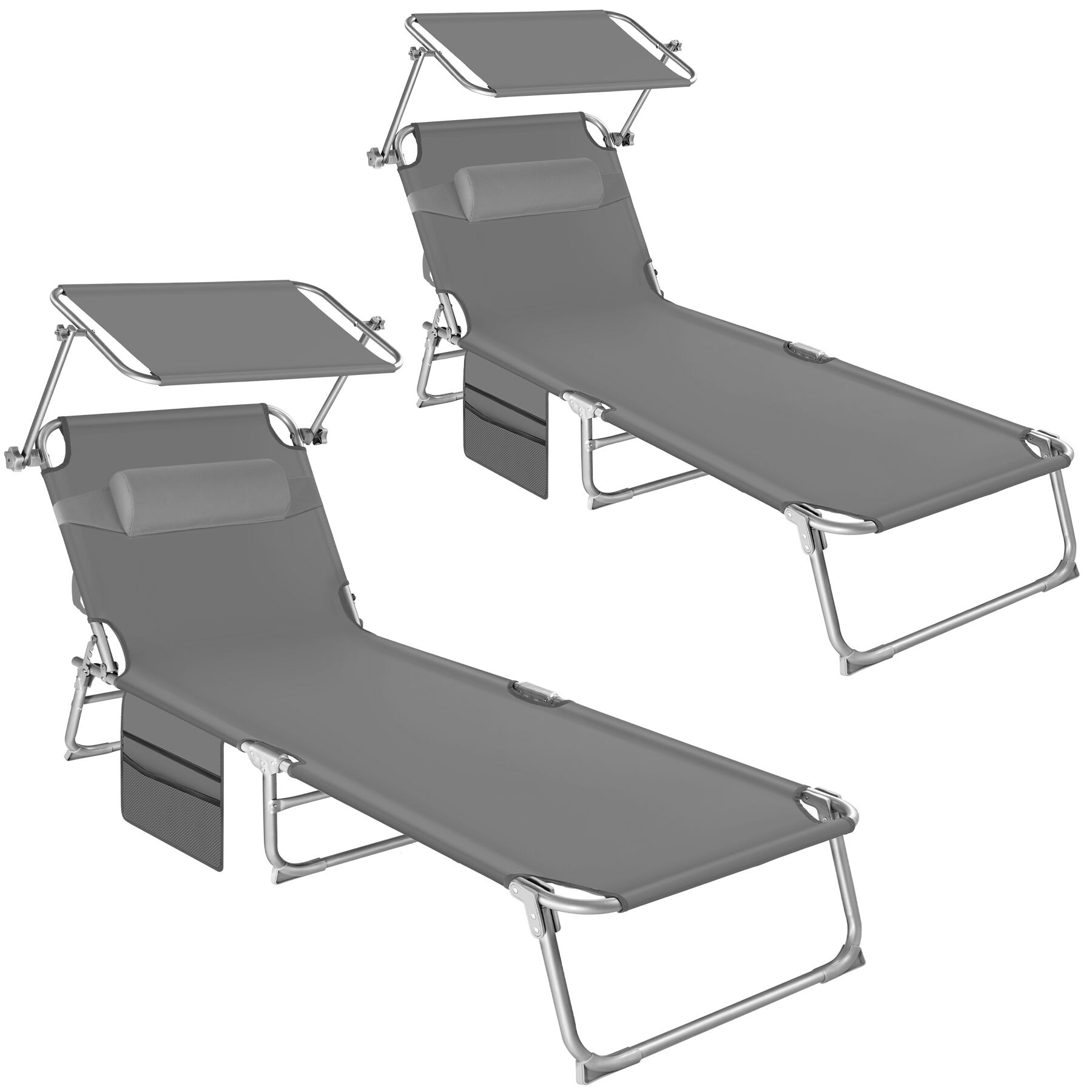 Set of 2 Sun Loungers - foldable, adjustable sun canopy | Grey | grey | 1