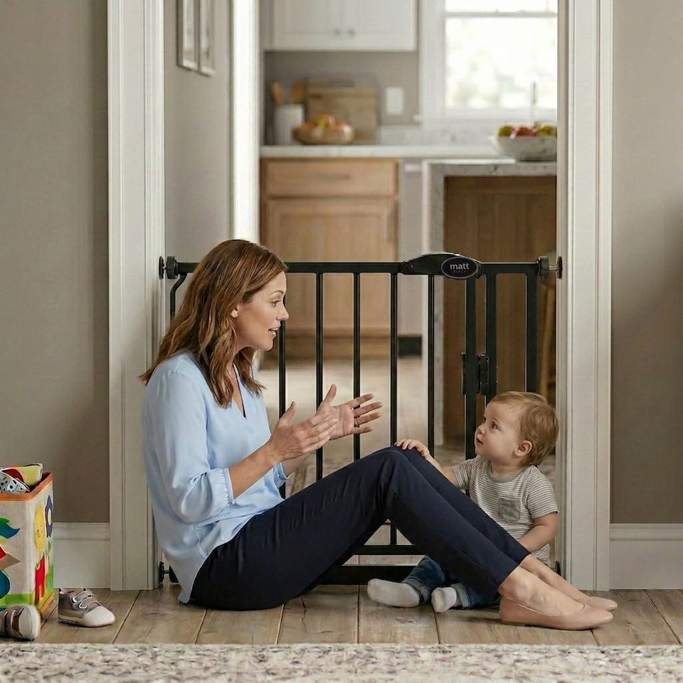 image 1 of Safetots Pressure Fit Self Closing Stair Gate, 111cm - 118cm, Matt Black, Auto Closing Baby Gate, Safety Barrier for Toddler, Easy Installation