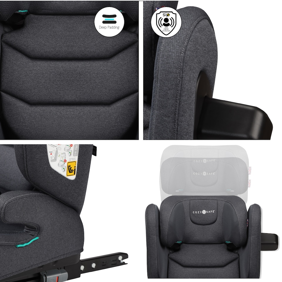 image 1 of Cozy N Safe Portland i-Size High Back Booster Car Seat 100-150cm, ISOFix & Seat Belt, Side Impact Protection, Adjustable Headrest, Cup Holder, Kids Car Seat 4-12 Years (Slate)