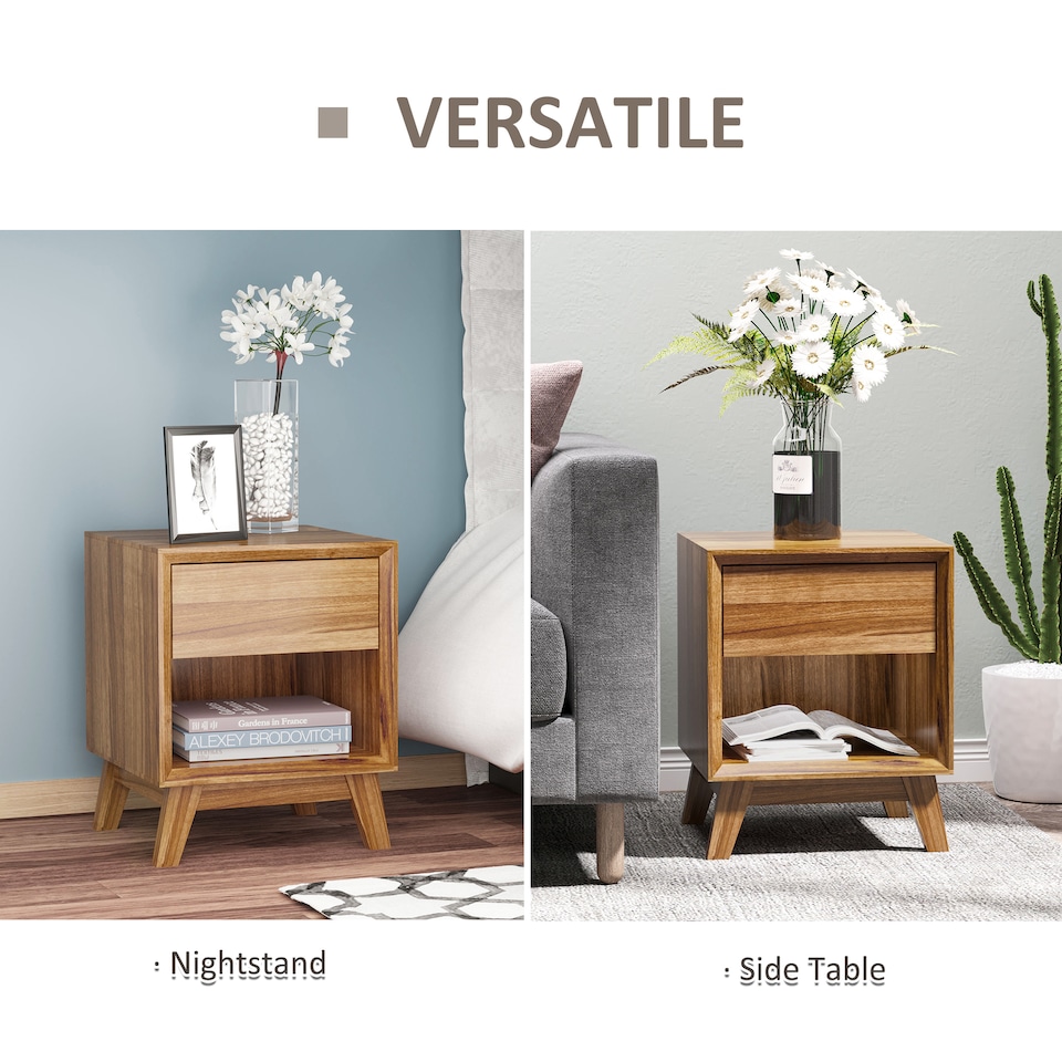 image 1 of HOMCOM Modern Bedside Table Nightstand, Living Room End Table, Side Table with Drawer and Shelf, Walnut Brown
