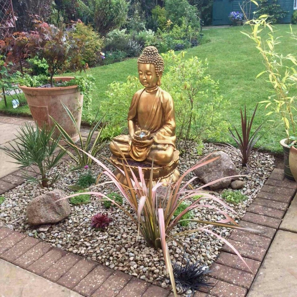 image 1 of Primrose Golden Buddha Water Feature Lights & Spinning Ball Gold 93cm