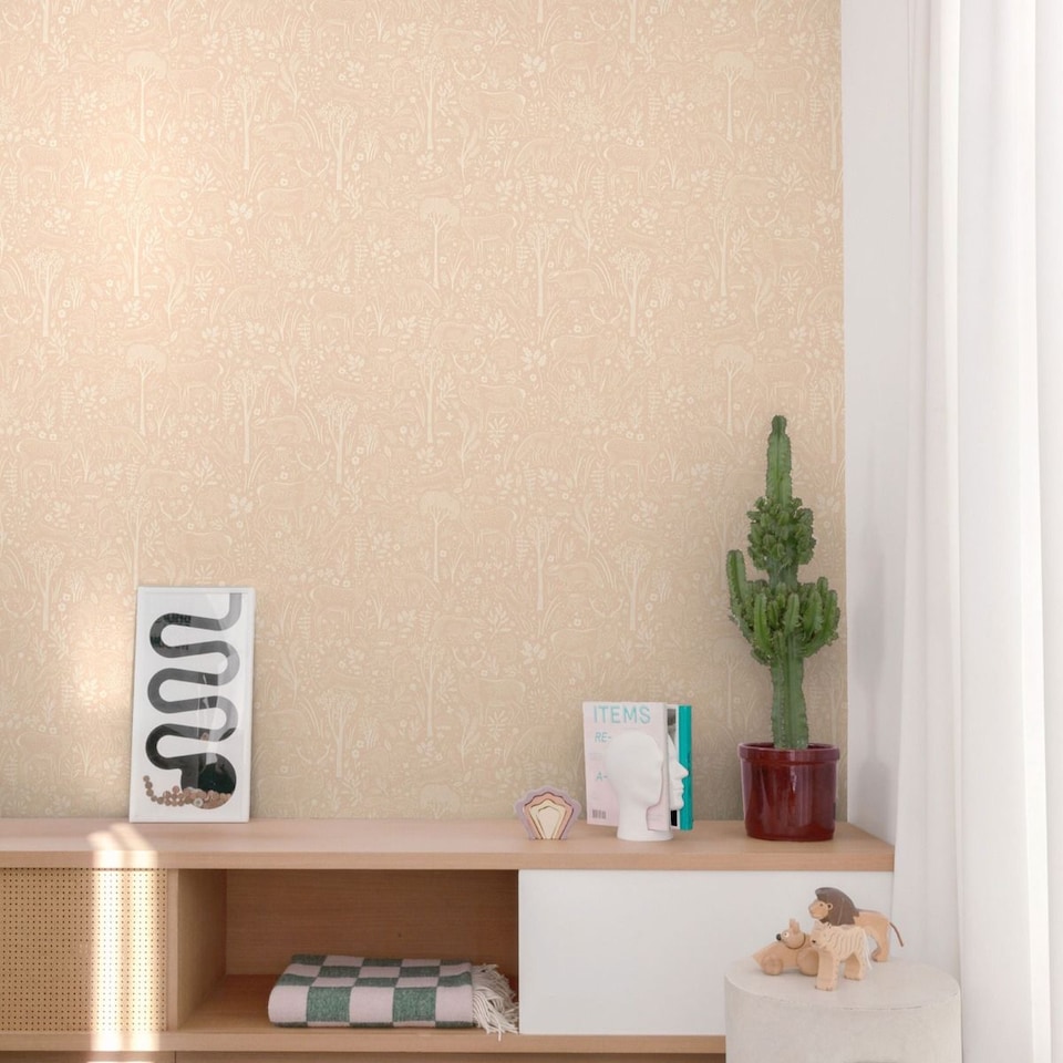 image 1 of Grandeco Woodland Animals Vinyl Textured Wallpaper | Pink | Blush Pink | 1