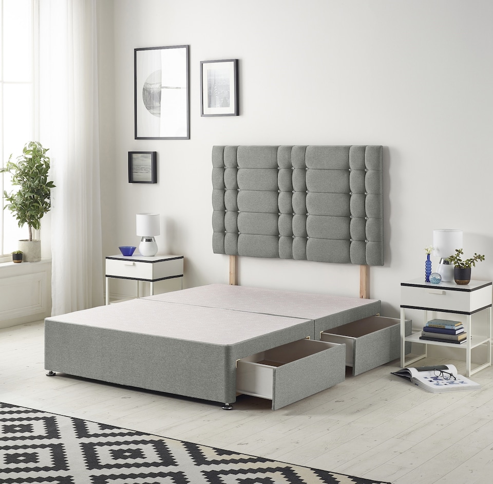 image 1 of Astoria Divan Bed Base with 2 Drawers & 30 Inch Diamante Headboard in Tweed Fabric | Grey | Grey | Single