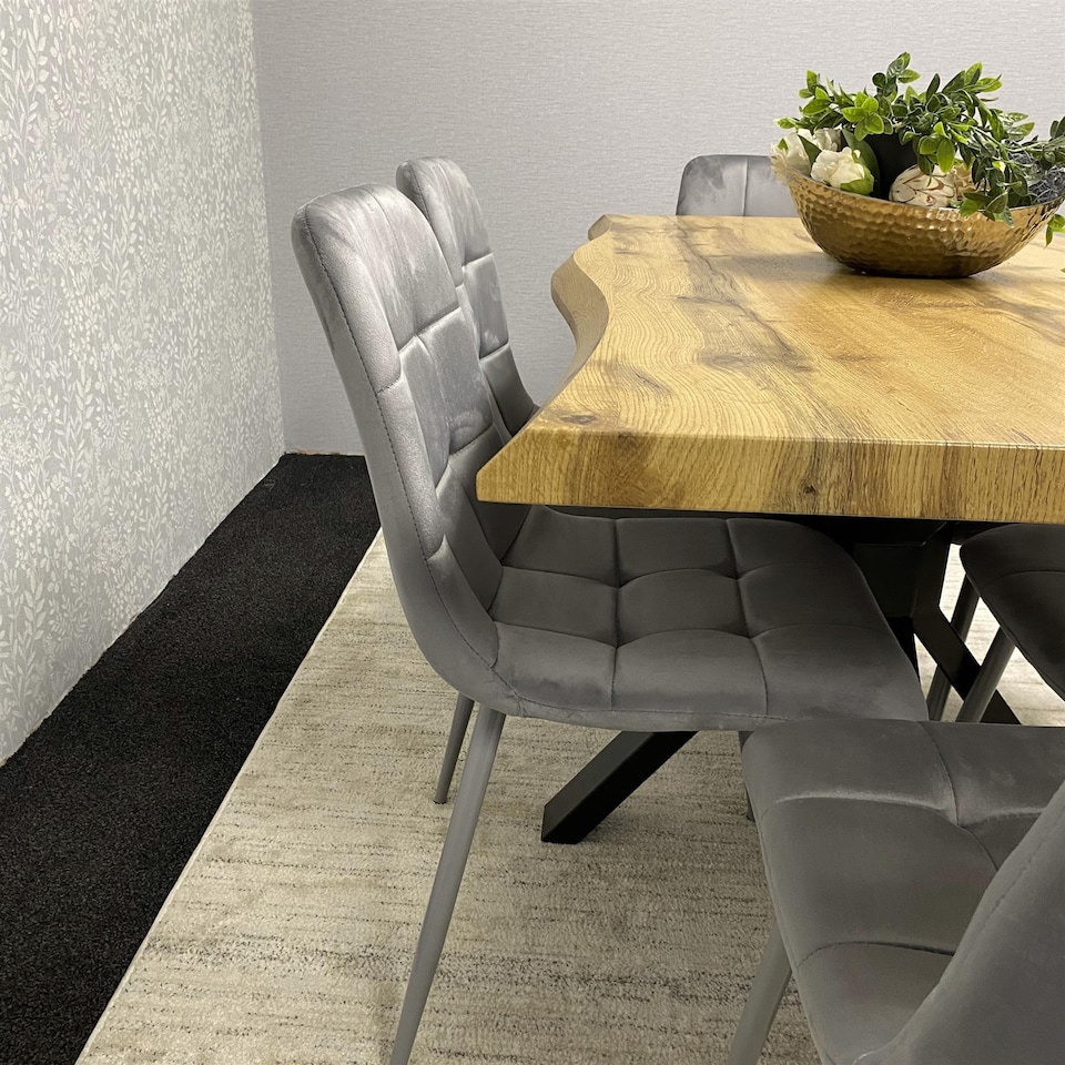 image 1 of Wooden Dining Table with 6 Grey Velvet Chairs, Stylish Dining Room Furniture