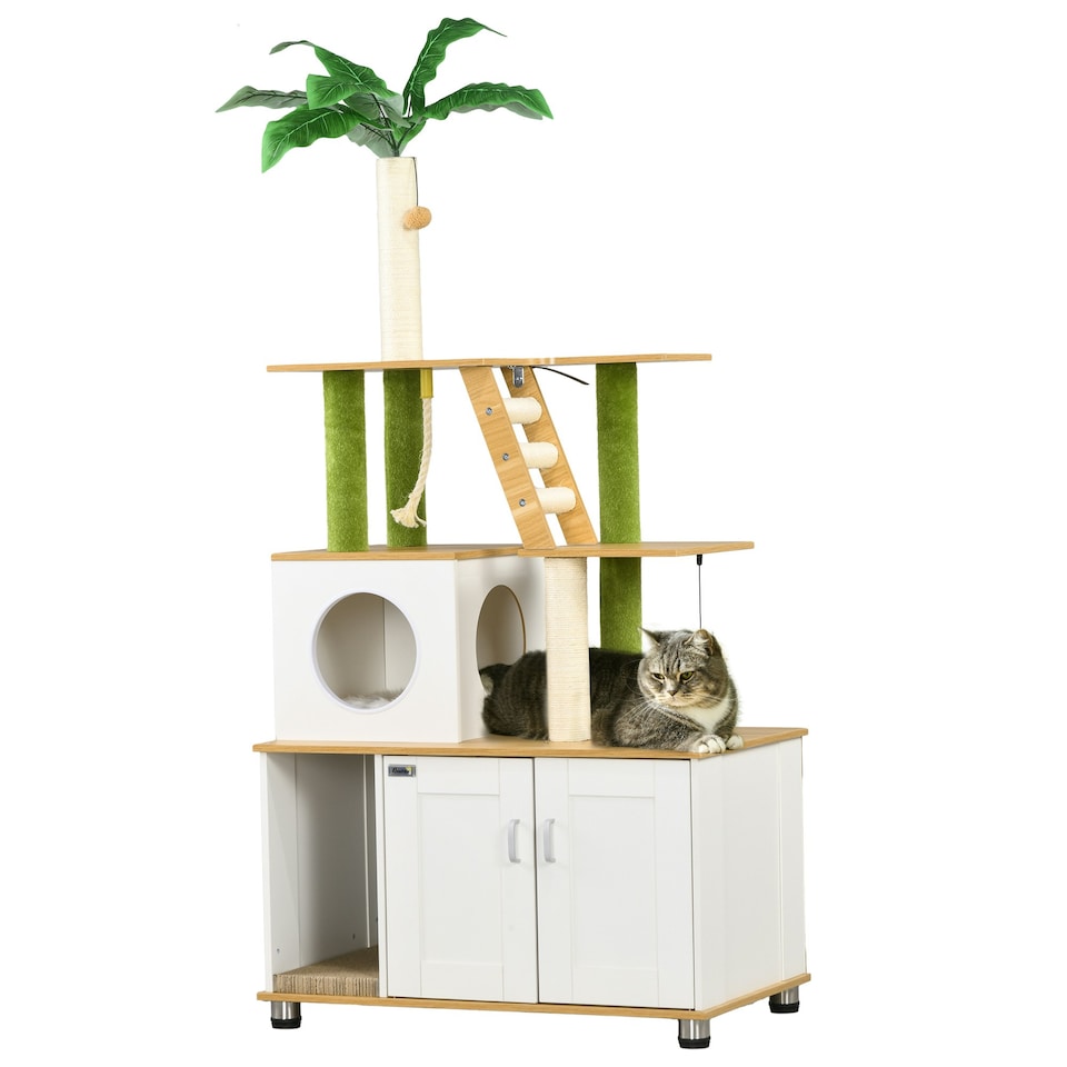 image 1 of PawHut 2-in-1 Hidden Litter Box with Green Leaf Cat Tree, Indoor - Oak