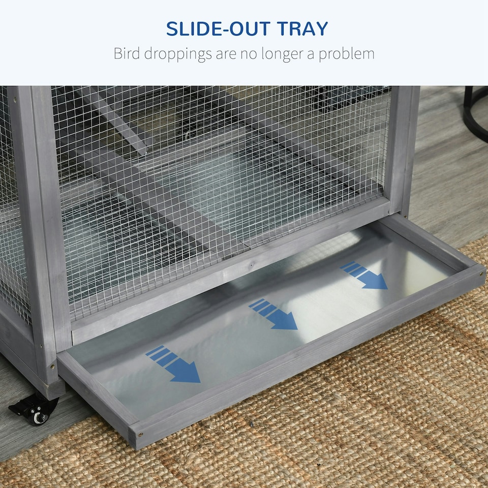 image 1 of PawHut Bird Cage Wooden Aviary for Canary Cockatiel Parrot w/ Wheels Tray
