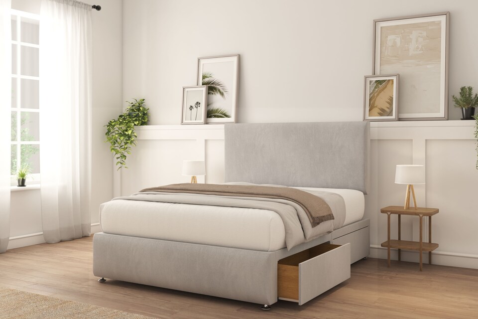 image 1 of Sloomy Rutherford Silver Naples Divan Bed With Mattress 2 Drawers Left 26" Strutted Headboard & 12" Footboard 4'6 Double