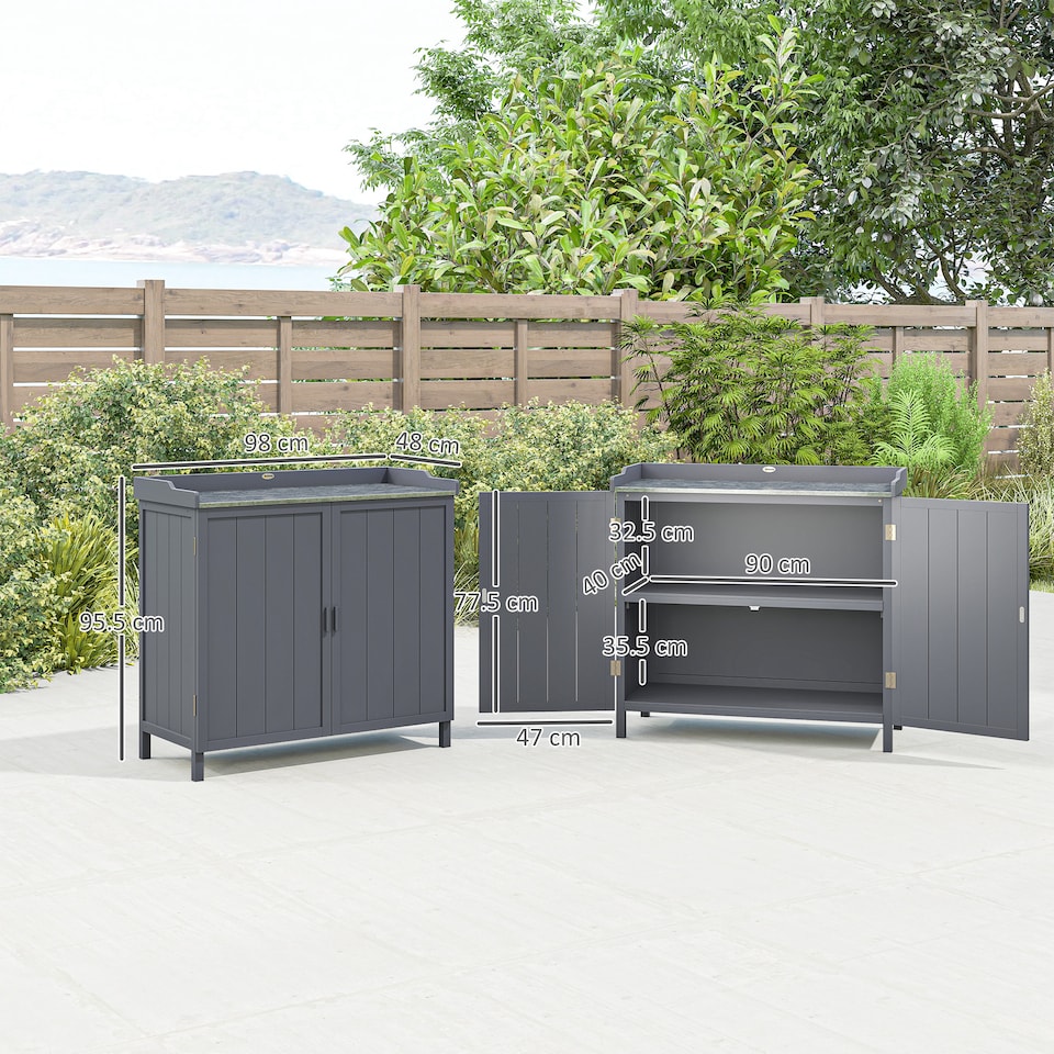 image 1 of Outsunny Wood Garden Storage Cabinet, Outdoor Tool Shed with Galvanised Top and Two Shelves, Potting Bench Table for Garden Tools or Pool Accessories, Grey