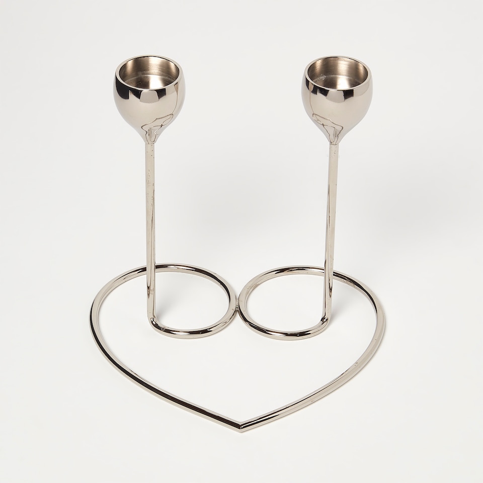 image 1 of Homescapes Dual Brass Heart Dinner Candle Holder – Polished Silver