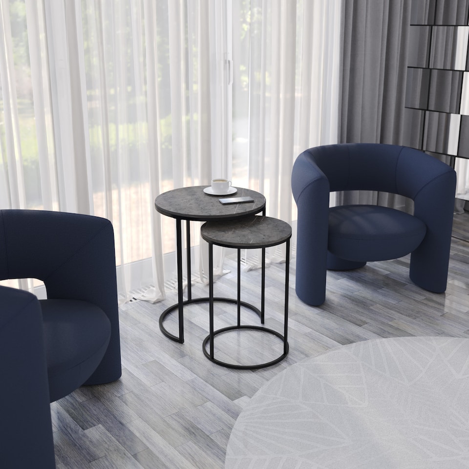 image 1 of 2Pc Round Nesting Stackable Sofa Side Bedside End Table Set Wood Top Metal Legs | Multi | Black Marble Top with Black Legs