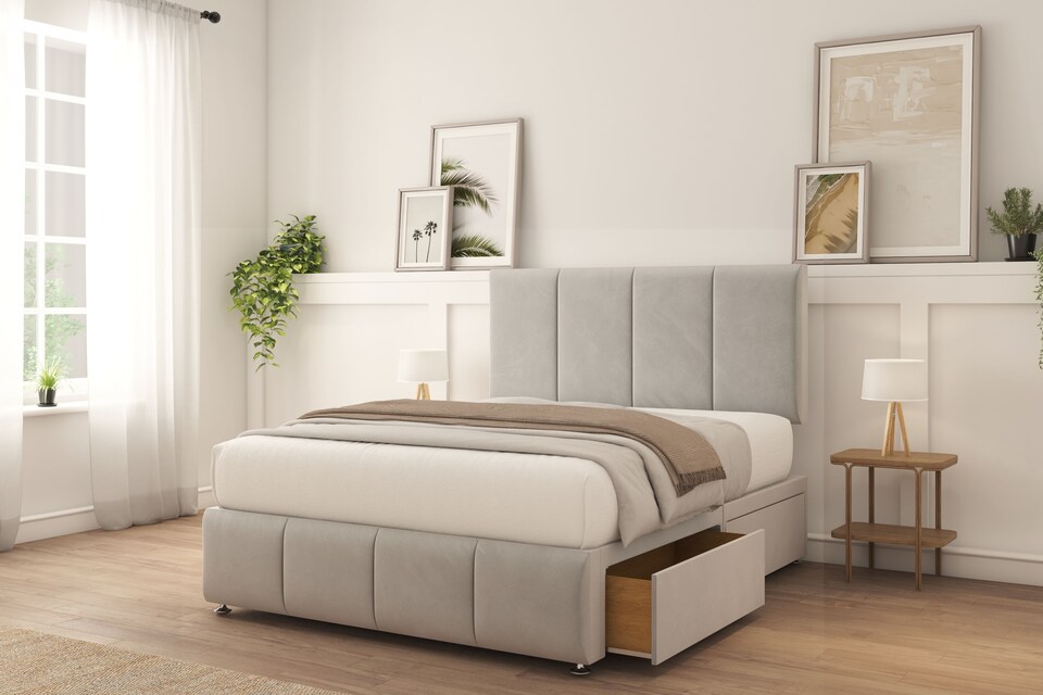 image 1 of Sloomy Lisbon Silver Plush Divan Bed With Mattress 2 Drawers Left 26" Strutted Headboard & 12" Footboard 2'6 Small Single