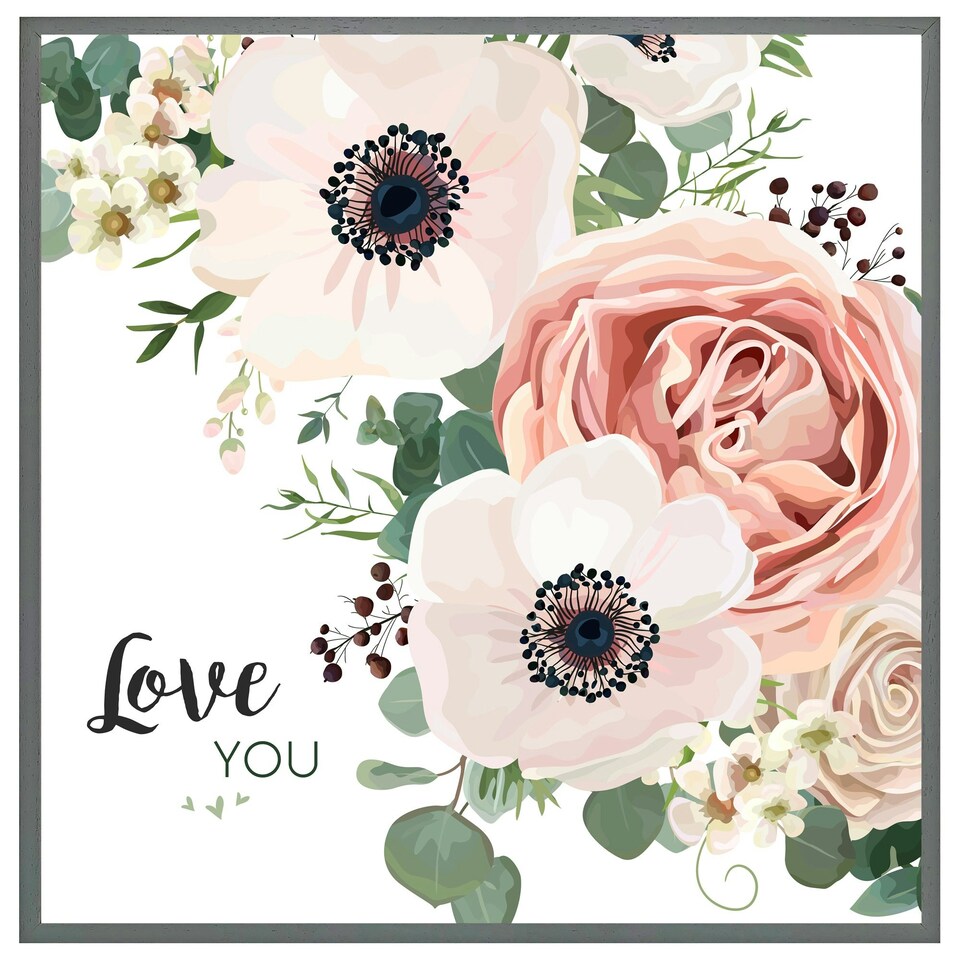 image 1 of Garden flower, pink peach rose, white anemone (Picture Frame) Brown / M