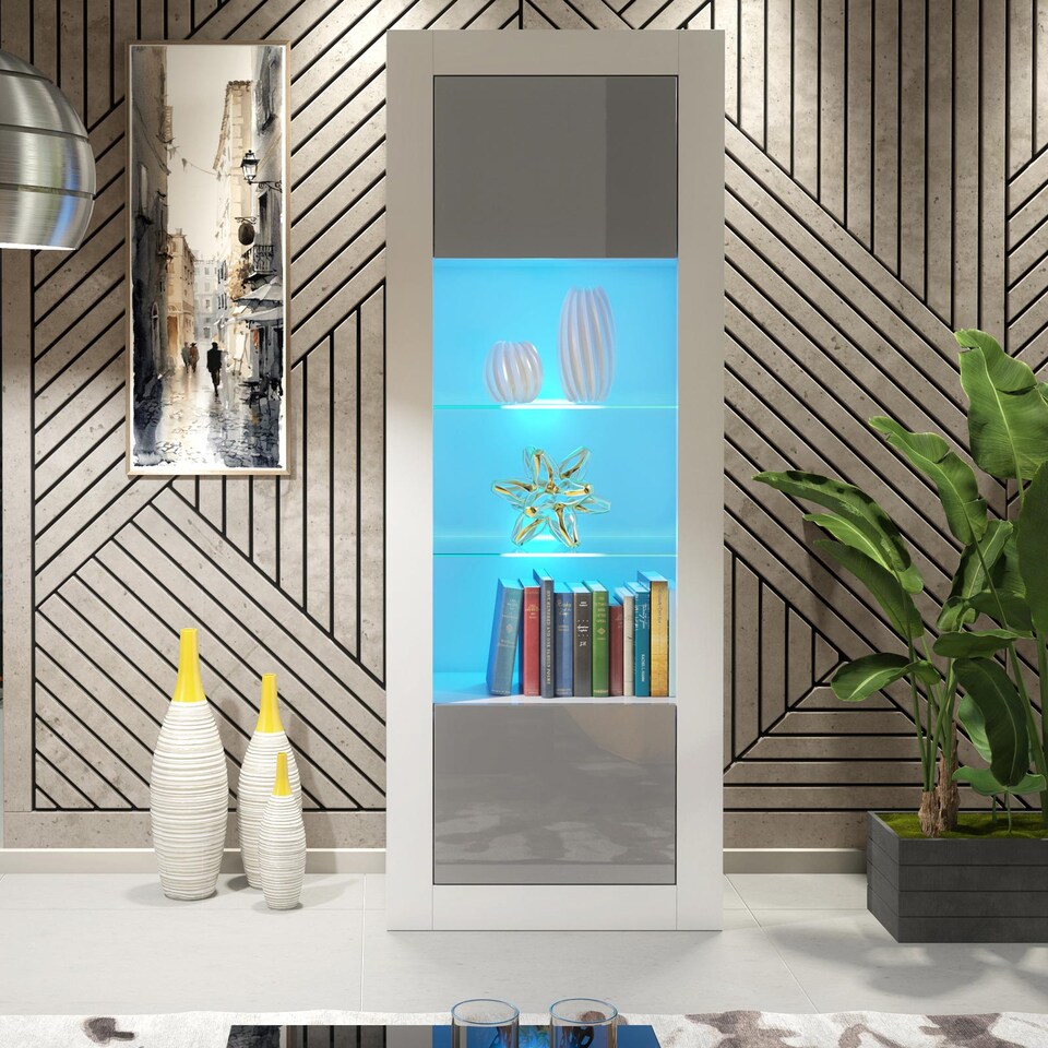 image 1 of Display Cabinet Bookcase Sideboard Storage Cabinet Cupboard Grey High Gloss LED 170cm