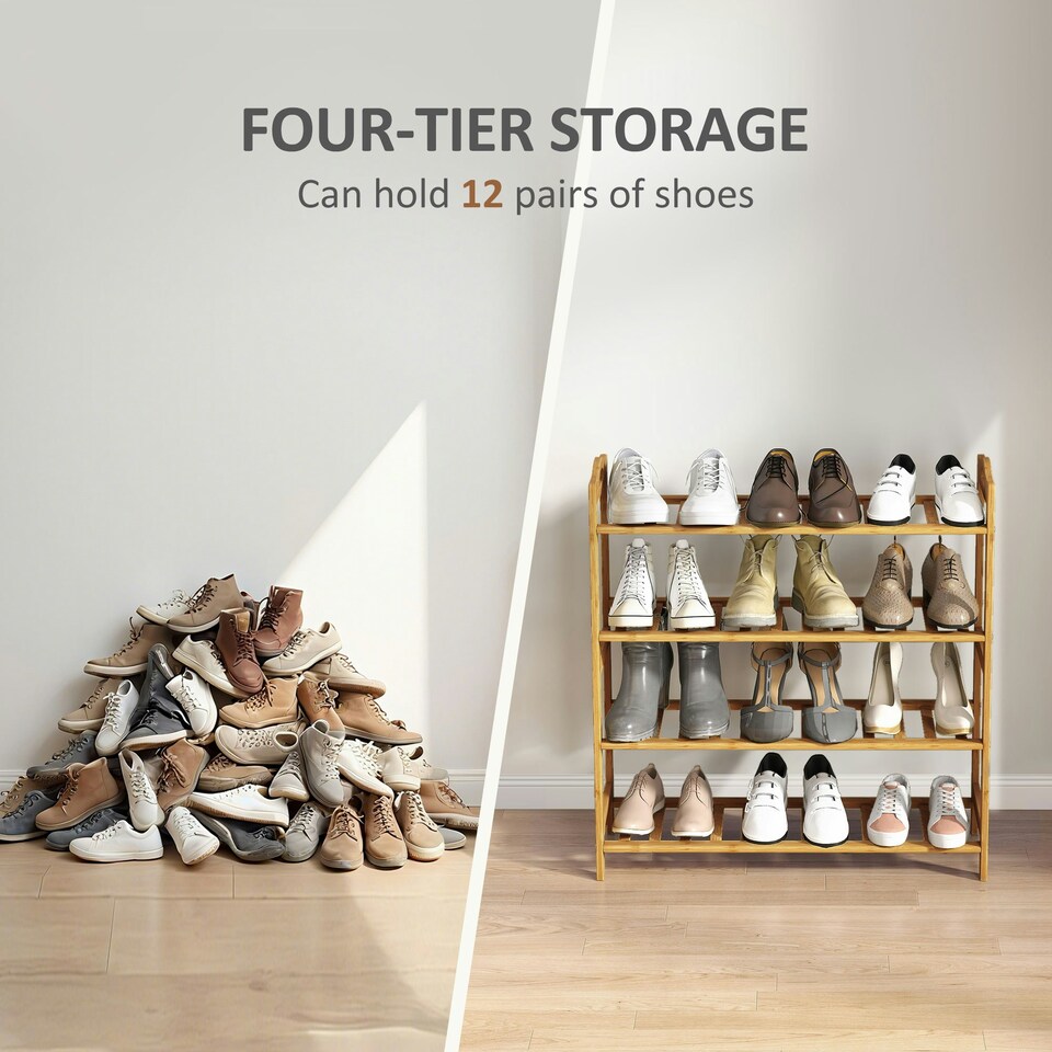 image 1 of HOMCOM 4-Tier Shoe Rack, Bamboo Shoe Shelf Stand, Natural Wood Finish Brown