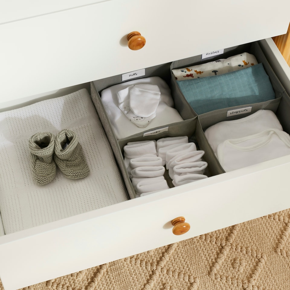 image 1 of Nursery Drawer & Wardrobe Organiser Set – 5 Storage Boxes, 6 Hanging Dividers & 15 Labels, Foldable Baby Clothes & Essentials Storage Solution (Grey)