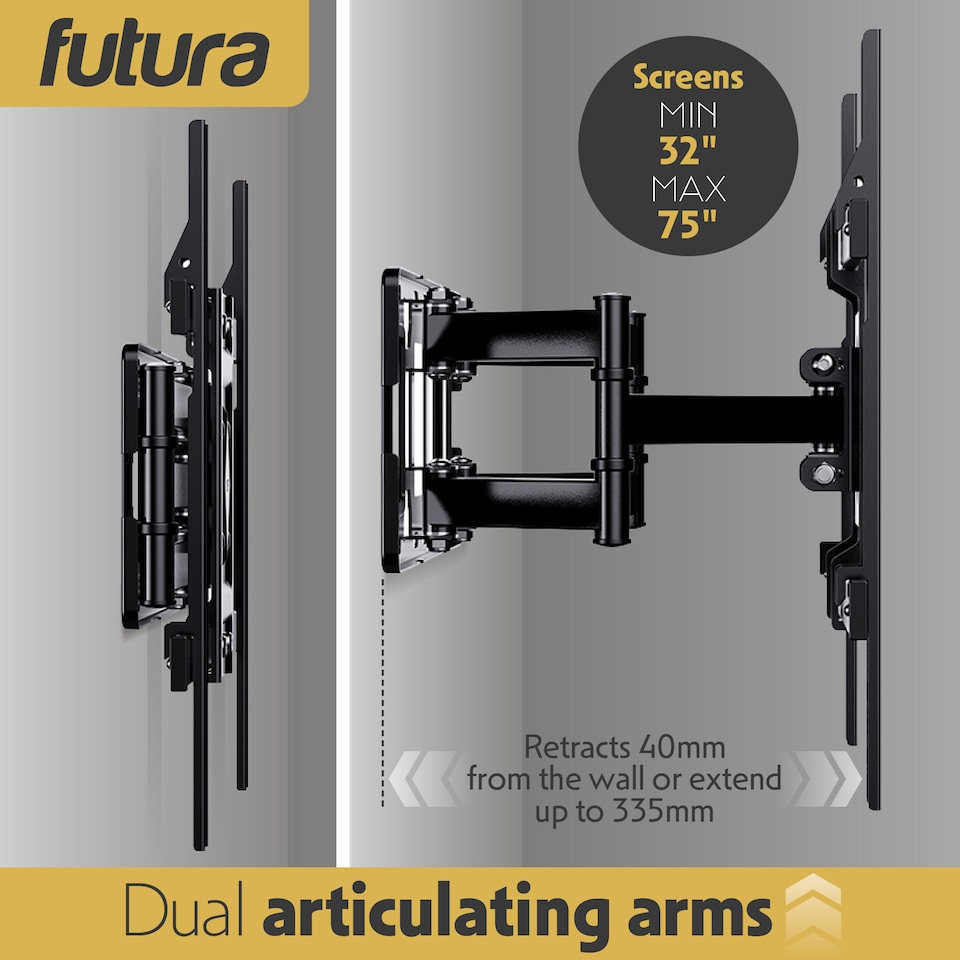 image 1 of Futura TV Wall Bracket Mount for 32-75 Inch TVs, Tilt, Swivel & Rotation, Universal Flat & Curved TVs, VESA Max 600x400mm 45kg Max