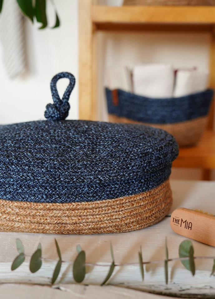 image 1 of Jute Handwoven Storage Basket With Lid (Blue)