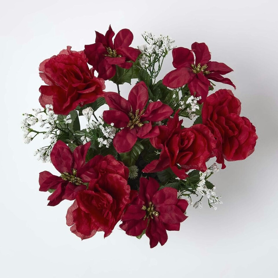 image 1 of Homescapes Artificial Poinsettia and Rose Flowers in Pot, Artificial Flower Bouquet