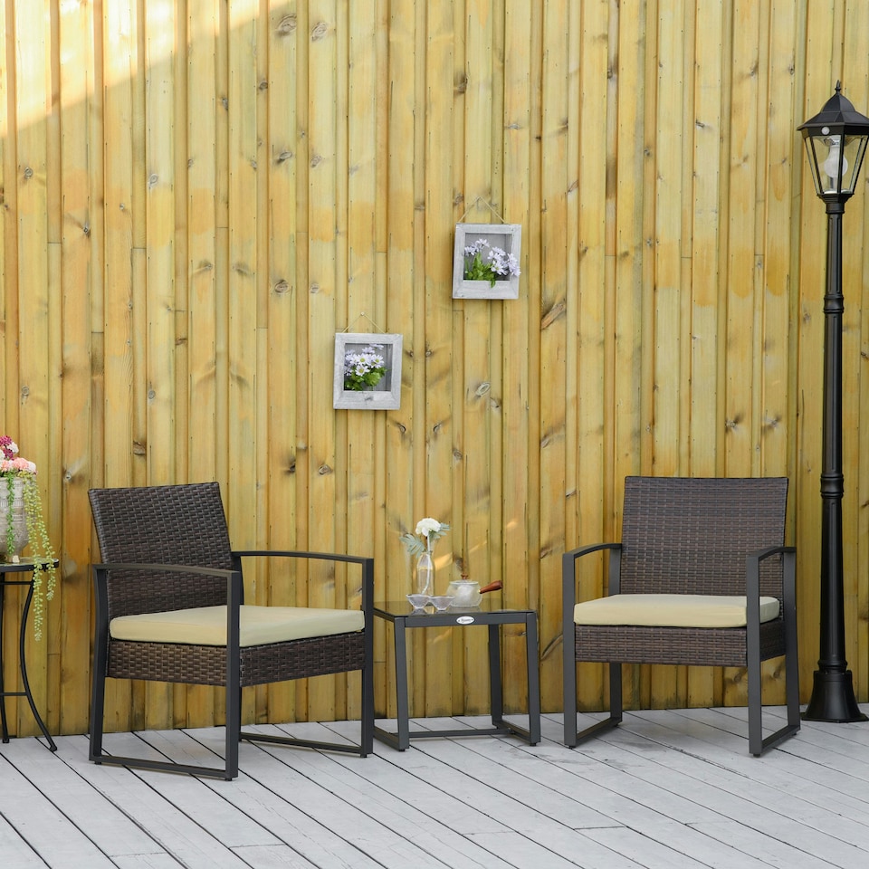 image 1 of Outsunny 3 Pieces Rattan Patio Bistro Set 2 Chairs Coffee Side Table Set, Black