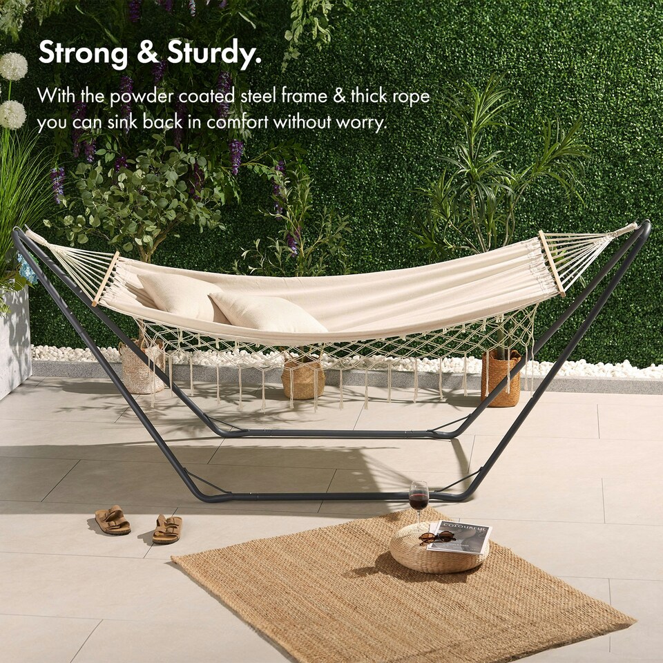 image 1 of VonHaus Beige Boho Fringe Hammock with Frame for Garden