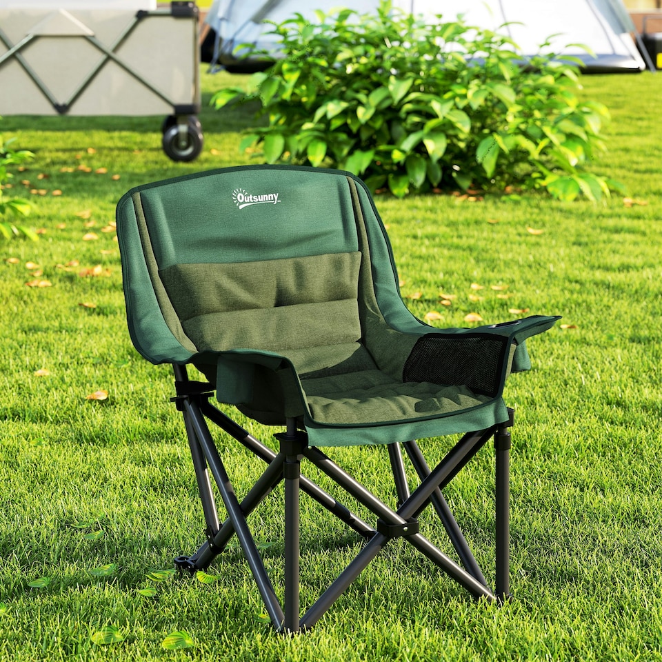 image 1 of Outsunny Camping Chair for Adults, Padded Folding Chair, Olive Green