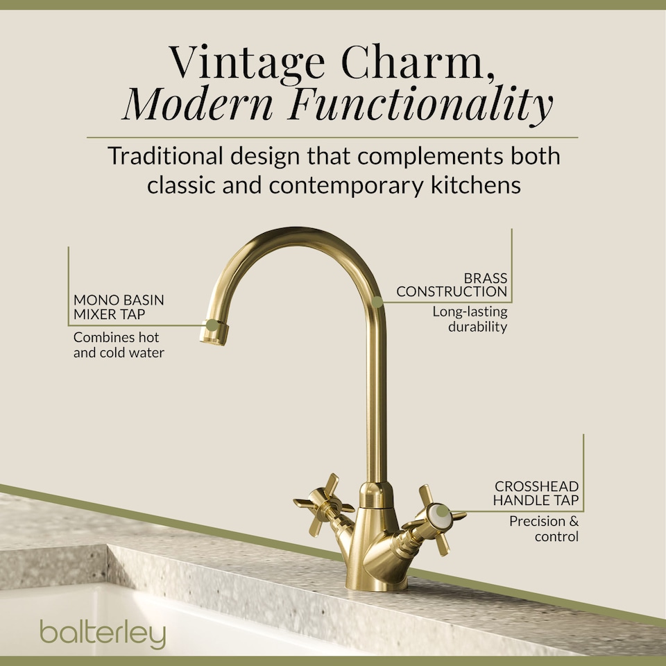 image 1 of Balterley Traditional Mono Mixer Kitchen Tap with Crosshead Handles | Copper | Brushed Brass | 1