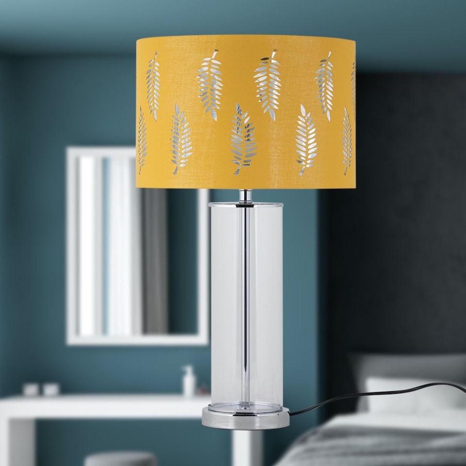 image 1 of Aura - Chrome Table Lamp with Ochre Fern Cut Out Silver Inner Shade | Chrome | Yellow | Large | 1