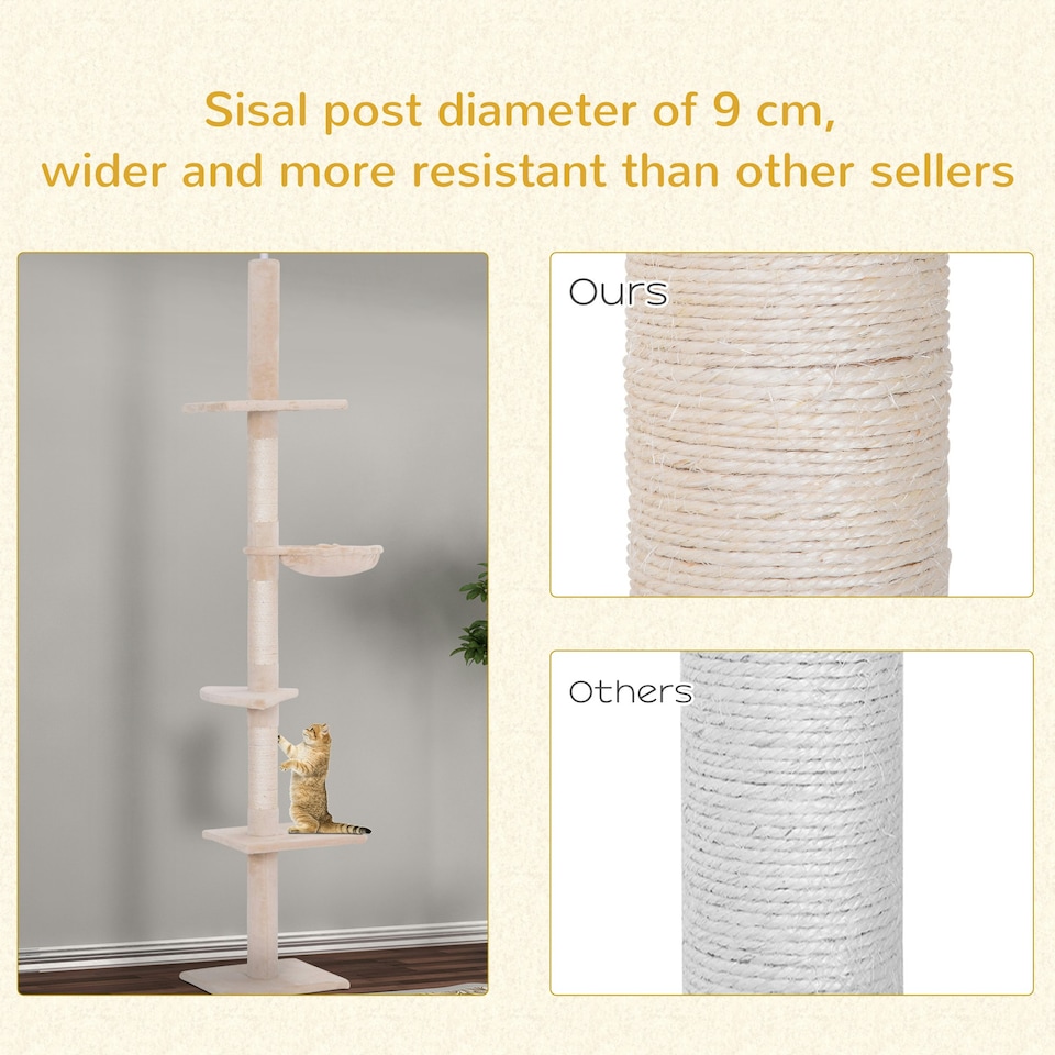 image 1 of PawHut Floor to Ceiling Cat Tree 5-Tier Climbing Tower Scratching Post Beige