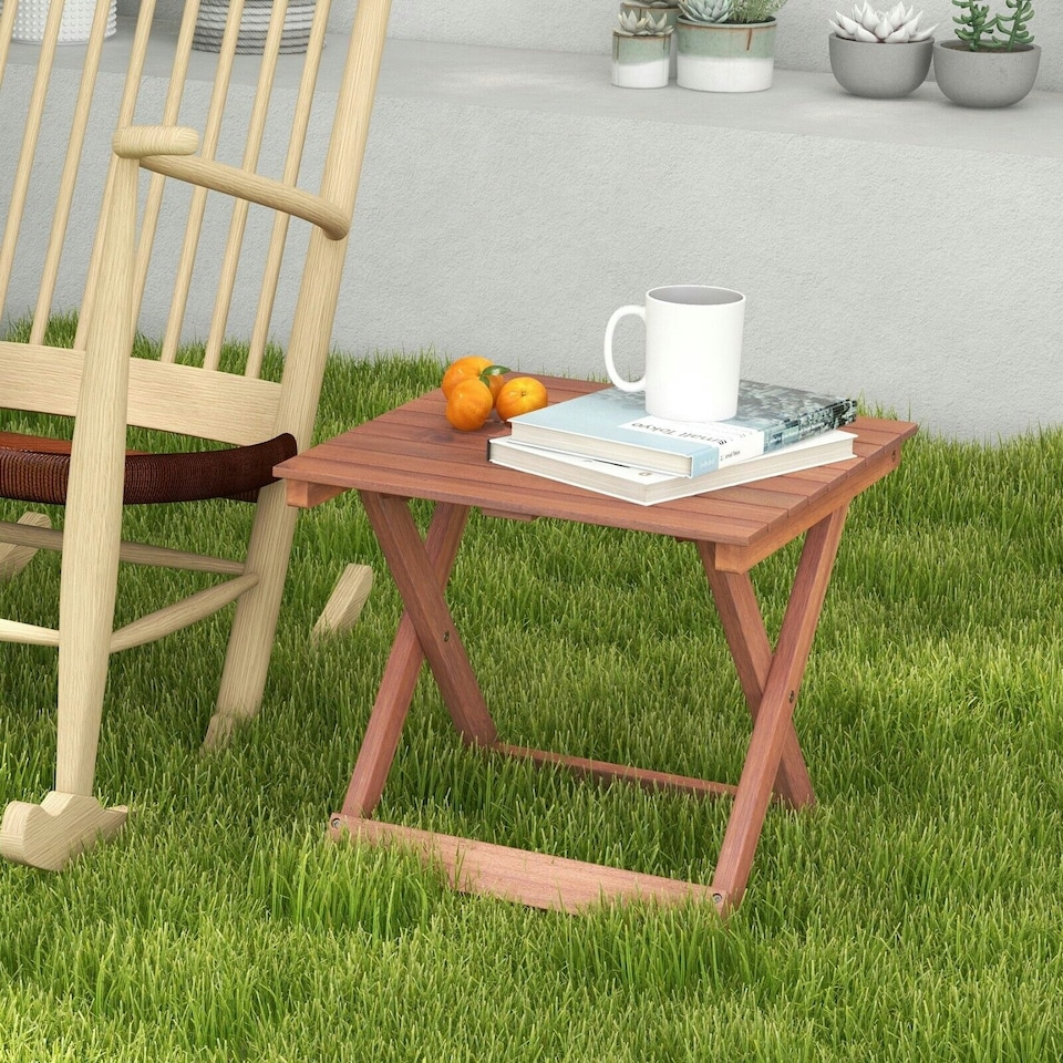 image 1 of COSTWAY Wooden Side Table Folding End Table Slatted Tabletop Brown