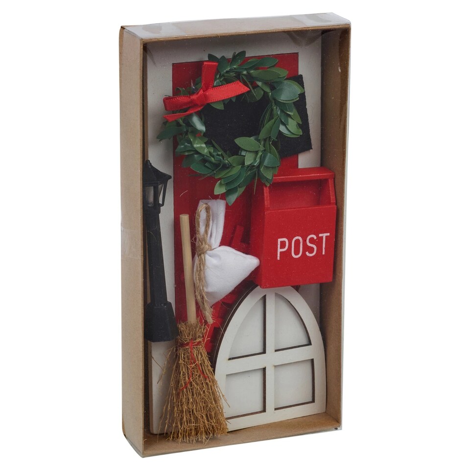 image 1 of 9Pcs Miniature Wooden Elf Christmas Village Scene Red & White Door Decoration | Multi | Multicoloured | Lantern