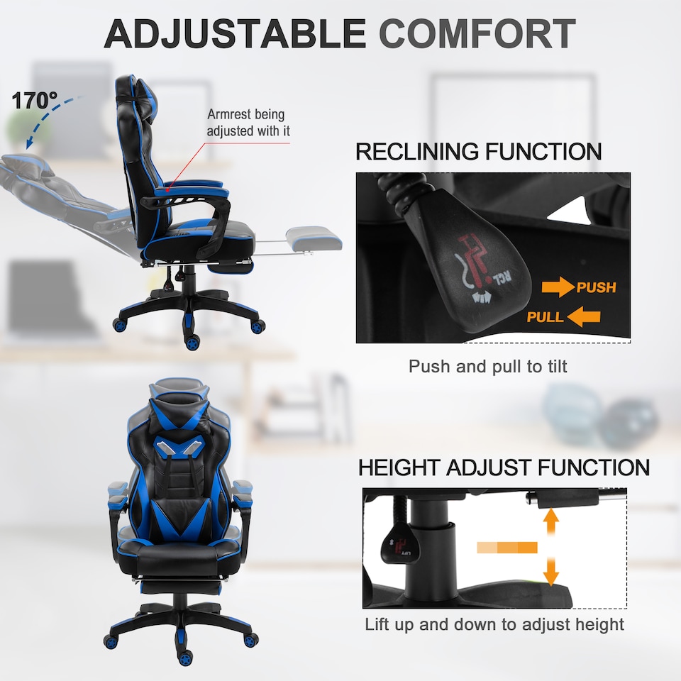 image 1 of Vinsetto Computer Gaming Chair, Racing Desk Chair with Lumbar Support and Footrest, PU Leather Gamer Chair with Headrest and Swivel Wheels for Home, Blue