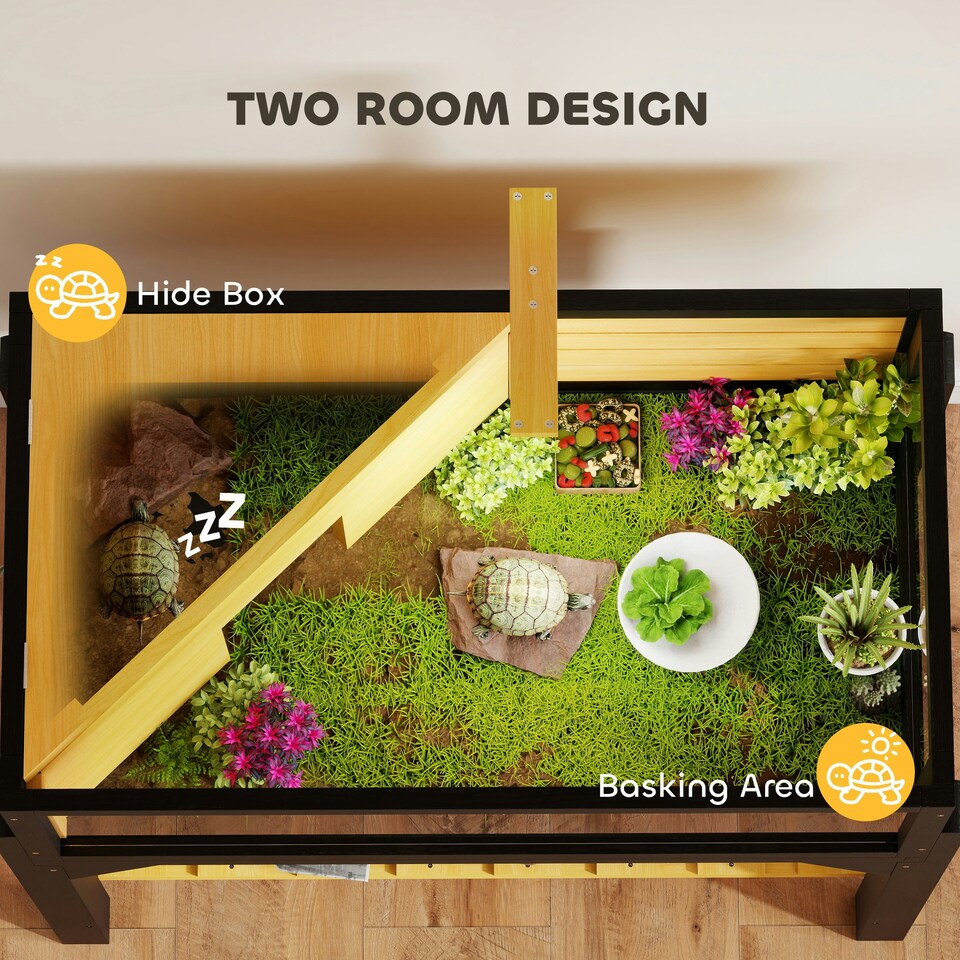 image 1 of PawHut Wooden Tortoise House with Storage Shelf, Clear Observation Windows
