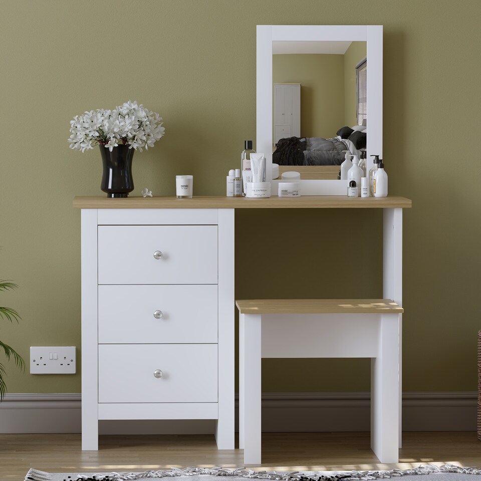image 1 of Vida Designs Arlington 3 Drawer Dressing Table Mirror & Stool Set Vanity Makeup Desk, White & Oak