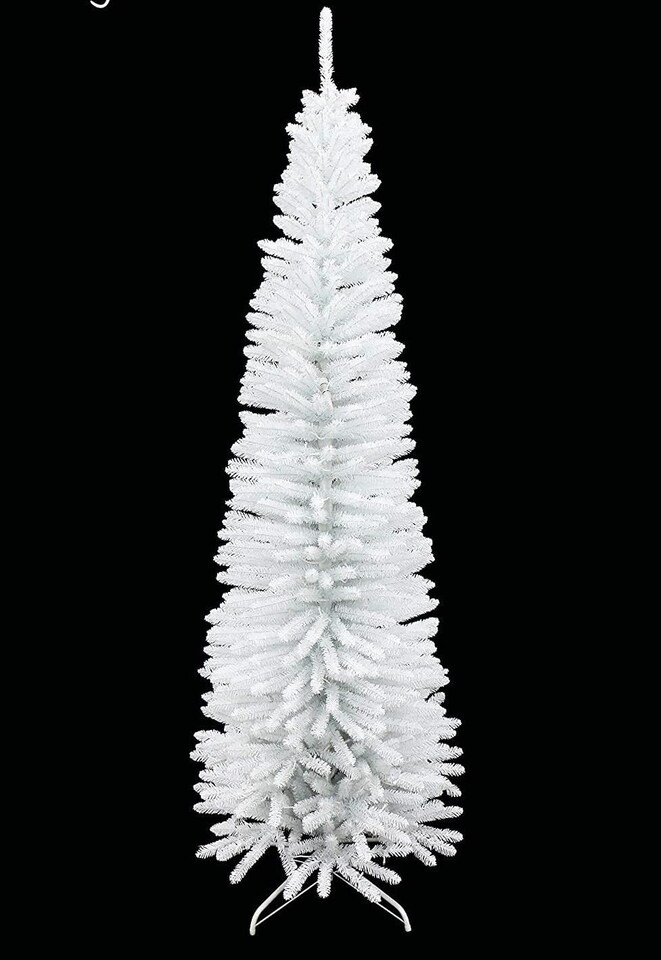 image 1 of 8Ft Artificial Flocked Slim Christmas Pencil Tree Holiday Home Decorations with Pointed Tips and Metal Stand