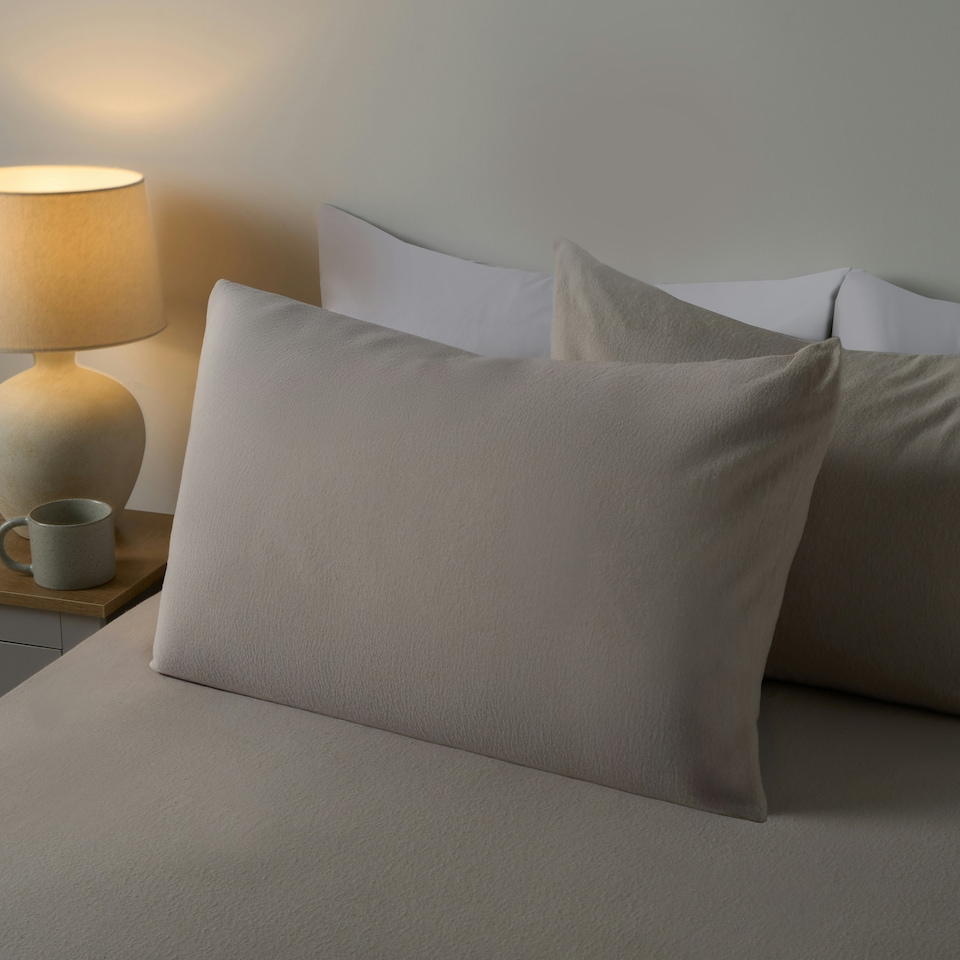 image 1 of OHS 100% Brushed Cotton Soft Cosy Fleece 2 Pack Pillowcases Brown | Natural