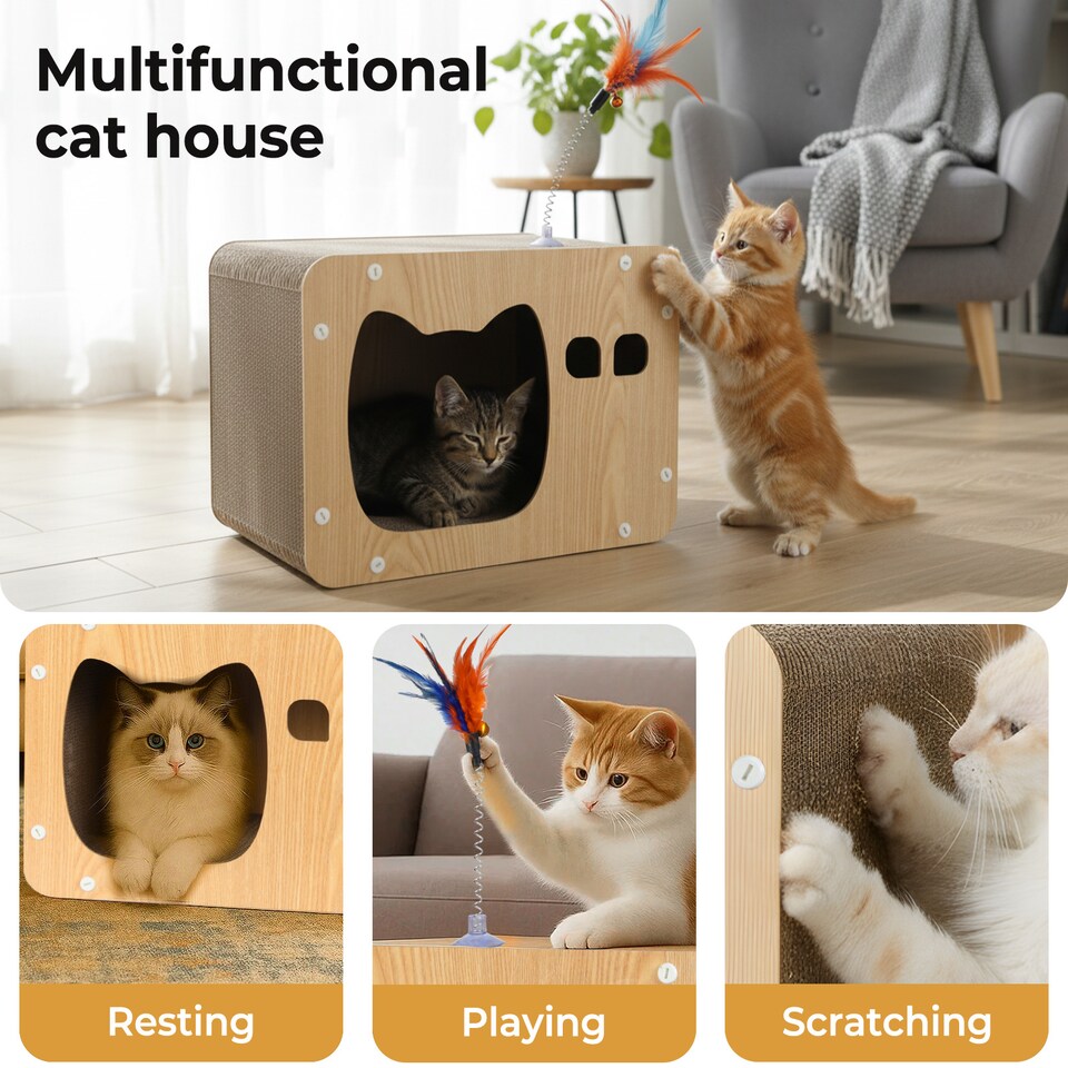 image 1 of Skylos Cat Scratching Post Cardboard House with Toy Indoor Cat Scratcher