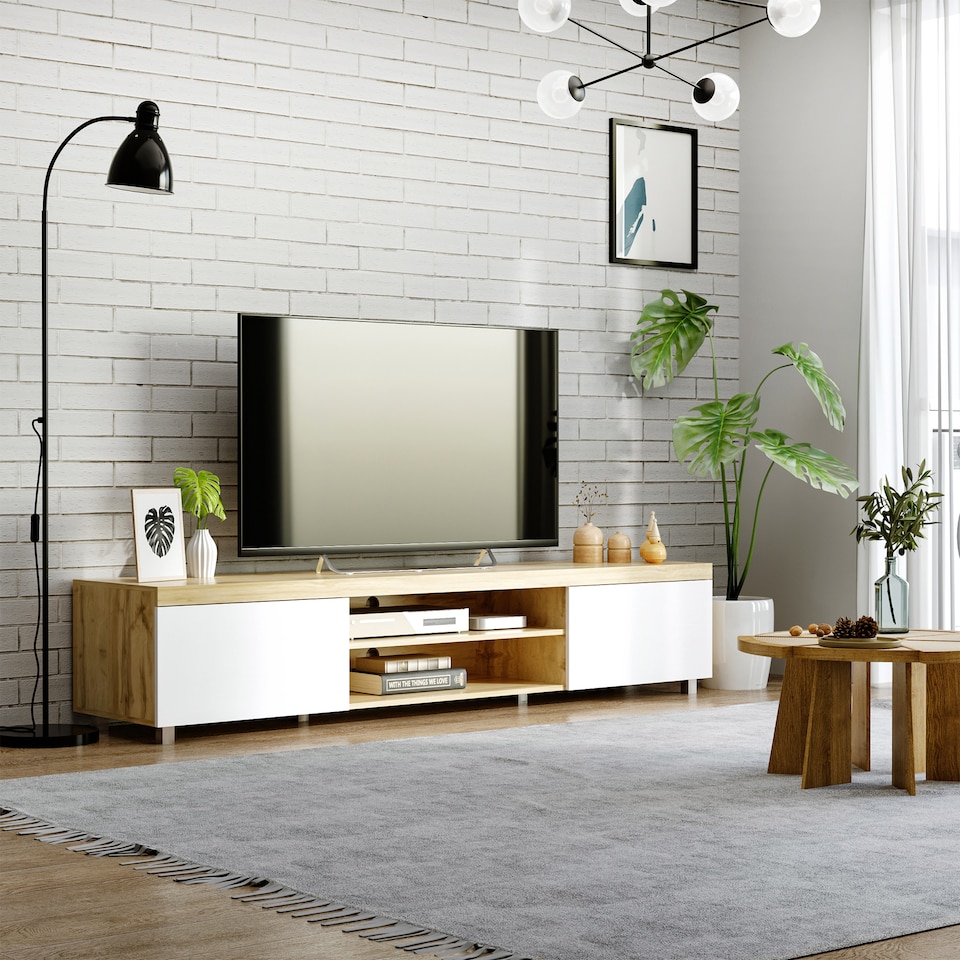 image 1 of HOMCOM 200cm TV Cabinet for TVs up to 90", Modern TV Unit with Storage and Open Shelves for Living Room and Bedroom, White and Light Brown