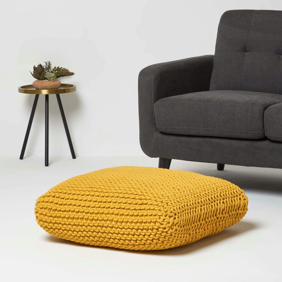 image 1 of Homescapes Yellow Square Cotton Knitted Pouffe Floor Cushion | Yellow | 70 x 20 cm