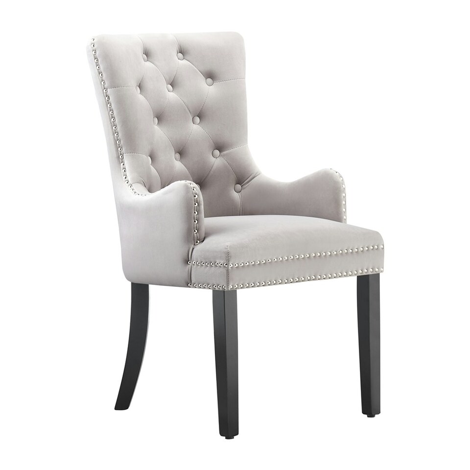 image 1 of Single Velvet Dining Chair with Armrest, Ergonomic Scoop Knockerback & Button Tufted Wood Legs Grey | Light Grey