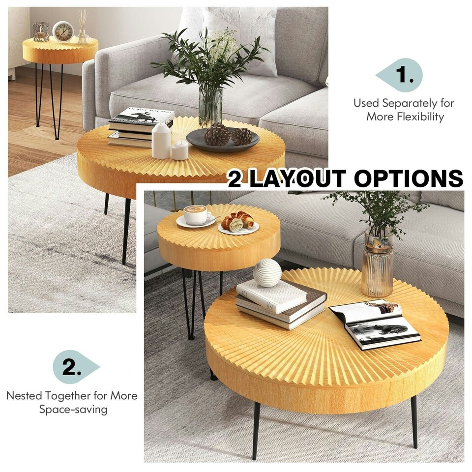 image 1 of COSTWAY 2PCS Round Nesting Tables Accent Coffee Tables Brown