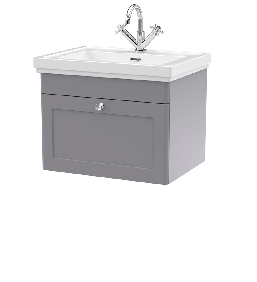 image 1 of Balterley Classic Traditional Bathroom Wall Hung 1-Drawer Vanity Unit & Fireclay Basin | Grey | Satin Grey